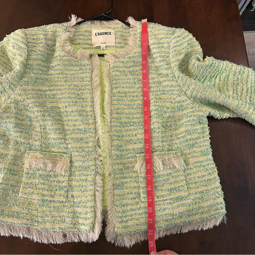 L'AGENCE Angelina Fray Tweed Jacket Open Front Blazer in Light Green Size 14 - Picture 14 of 16